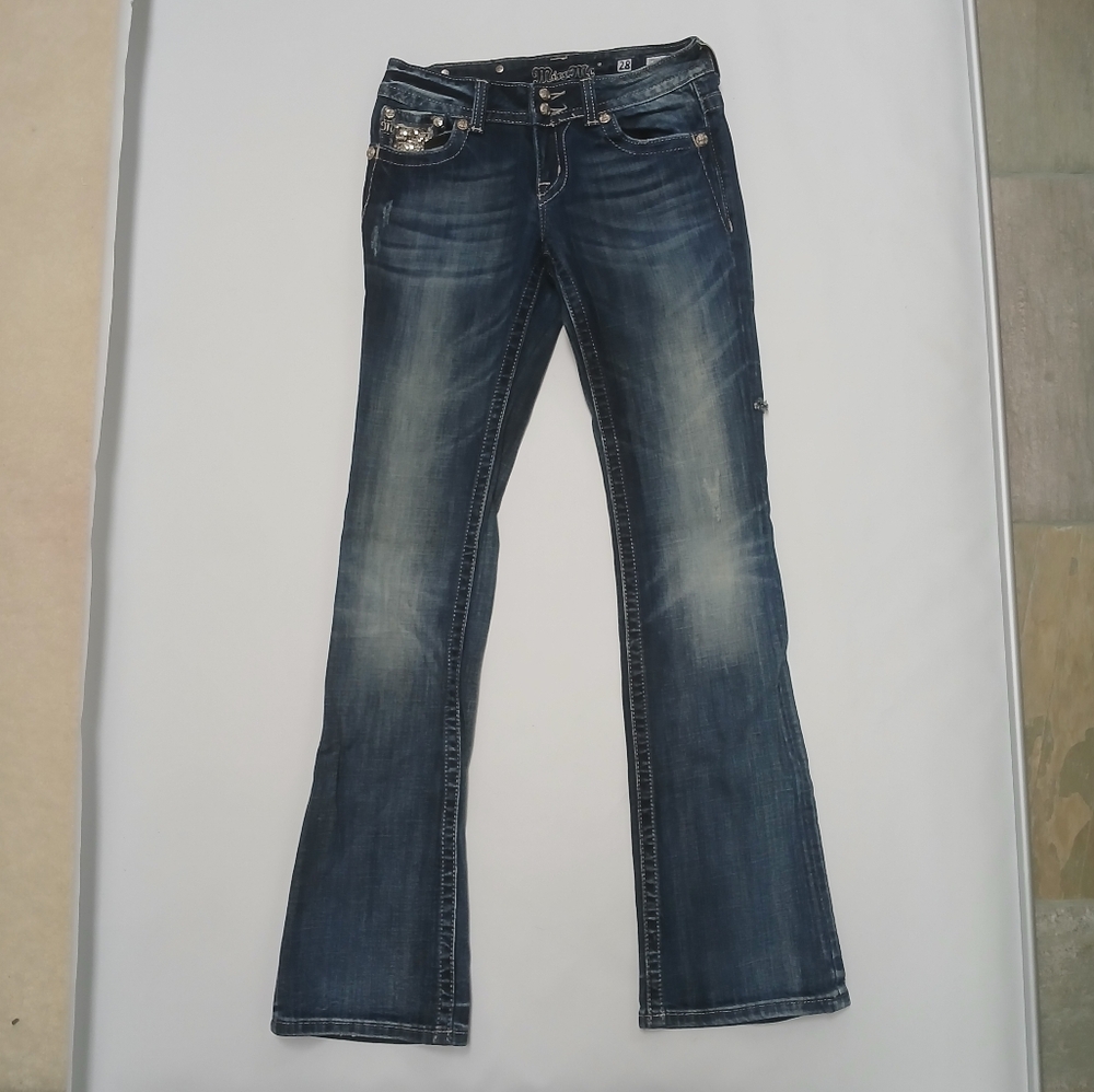 Miss Me Women's Size 28 Low Rise Boot Cut Blue Jeans with Silver Accents Pockets - Picture 3 of 9